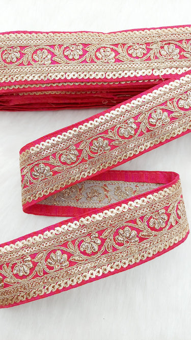 Art Silk Trim Gold Floral Embroidered Sequins Trim, Decorative Trim, Indian Sari Border